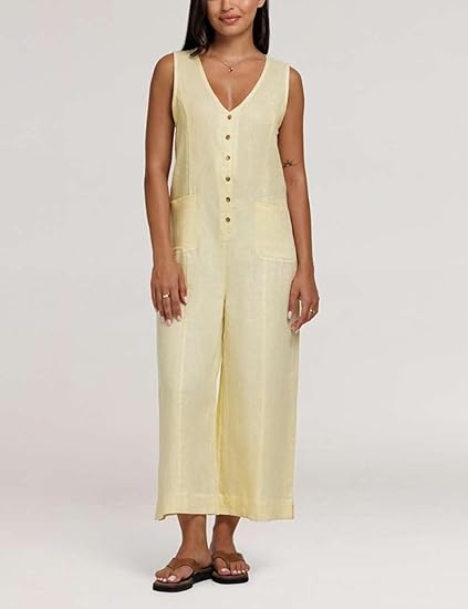 Women Button Down Cotton Linen Sleeveless Casual Wide Legs Rompers