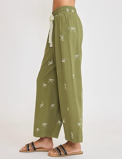 Women's Summer Cotton and Linen Bowknot Print Elastic Waist Casual Pants