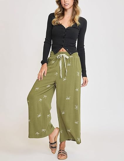 Women's Summer Cotton and Linen Bowknot Print Elastic Waist Casual Pants