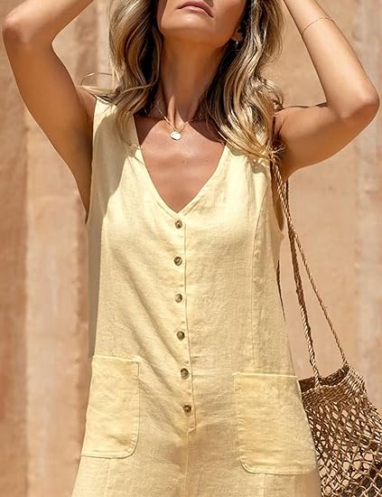 Women Button Down Cotton Linen Sleeveless Casual Wide Legs Rompers