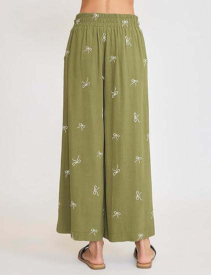 Women's Summer Cotton and Linen Bowknot Print Elastic Waist Casual Pants