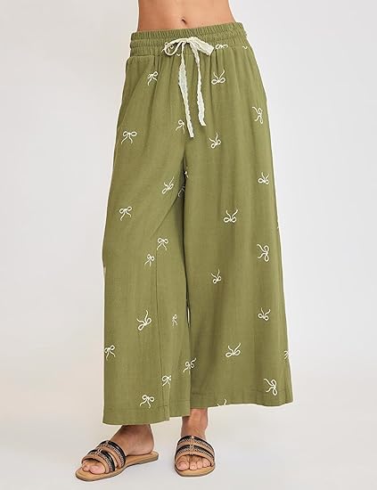 Women's Summer Cotton and Linen Bowknot Print Elastic Waist Casual Pants